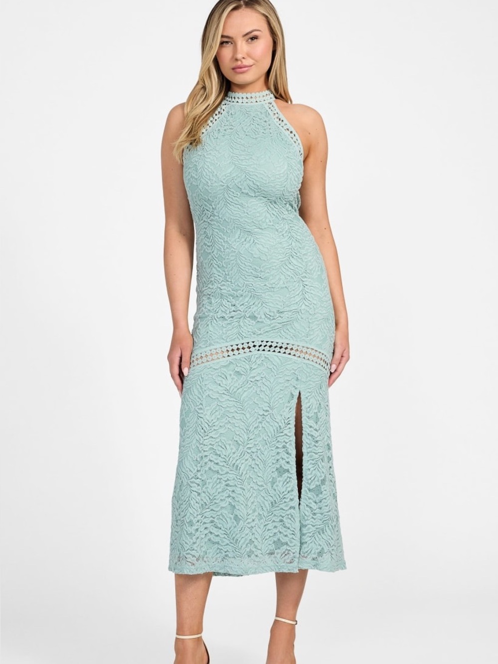 GUESS Sleeveless Lace Halter Midi Dress in Light Sage